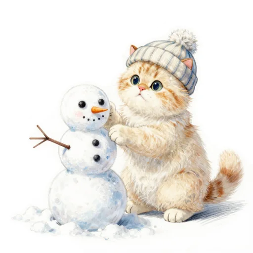 Cat Building Snowman Knit Cap
