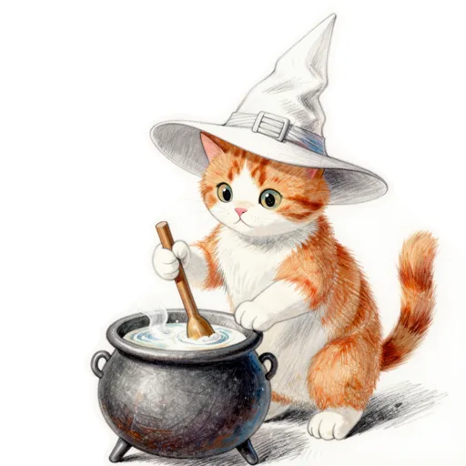 Cat Stirring Cauldron Witch Hat