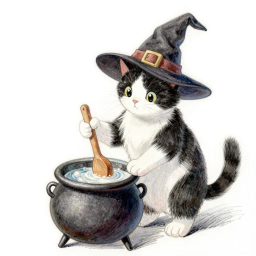 Cat Stirring Cauldron Witch Hat