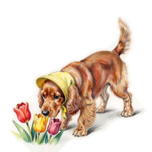 Dog Smelling Tulips Sun Bonnet